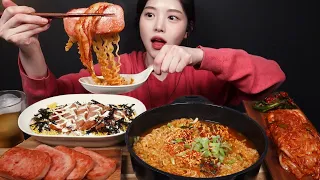 SUB)Spicy Jin Ramyeon with Spam Mayo Rice, Grilled Spam, Kimchi Mukbang Asmr Home Meal Eating Sound