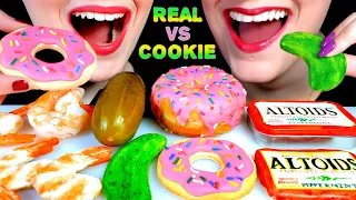 ASMR REAL VS COOKIE PICKLE, DONUT COOKIE, SHRIMP COOKIE, ALTOIDS COOKIE, SISTERS EATING SHOW