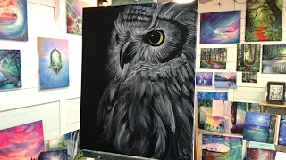 How To PAINT AN OWL On A Black Canvas / LONGER VERSION!! - step by step