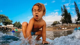 BABY SURF AND SWIM LESSONS. 3 Yr Old Cali Deep Dive Routine in Hawaii.