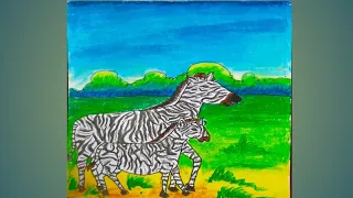 How to draw mother zebra 🦓 and baby zebra scenery with oil pastels colour