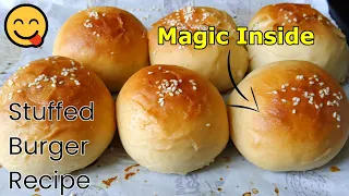 Stuffed Burger Recipe | Burger Bun with Cheese Stuffing | Burger Recipe | Soft and Spongy Burger