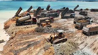 Huge Beach Landfilling Experience Bulldozer Moving Stone Into The Sea On Land Development Area