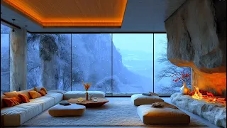 🔴 Winter Smooth Jazz Music with Snowfall ❄️Cozy Luxury Living Room Ambience & Fireplace for Relax