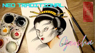 How to draw a Geisha girl tattoo - Hand painted tattoo flash