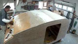 Applying fiberglass and epoxy to the Roof of the Teardrop Camper