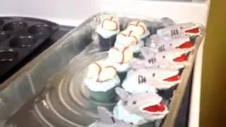 Making shark cup cakes