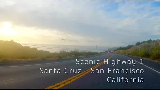 Road trip from Santa Cruz to San Francisco on Highway 1. Scenic landscapes, ocean views, and sunset.