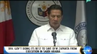 DFA: Gov't doing its best to save OFW Zapanta from execution in Saudi Arabia || Jan. 13, '14