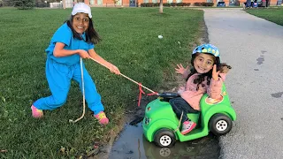 Kids Pretend play Ride on Cars Stuck in The Mud!! Funny video