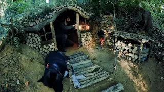 Building Warm Bushcraft Survival Shelter in Wildlife. Fireplace Cooking - Asmr Camping