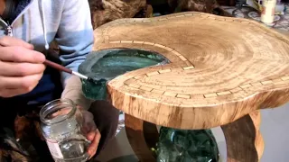 Table of wood and crystals.