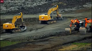 May 18, 2024: Grindavik Iceland berms, close up of construction vehicles return to parking lot