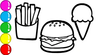 Glitter Fast Food Drawing And Coloring Page For Kids | Learn Colors For Kids