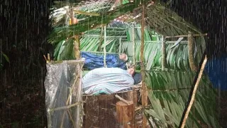 hujan deras dan guruh siang malam sampai pagi - tidur nyenyak dalam shelter daun