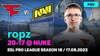 CSGO POV FaZe ropz (20/17) vs NAVI (nuke) @ ESL Pro League Season 18 / Sep 17, 2023