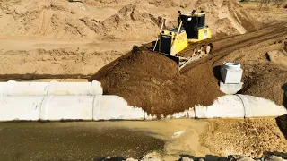 Great Project !! Bulldozer Pushing Sand Coverage All The Drains And Water