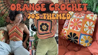 🧡Orange Crochet | 70s themed 🌼~ Vest, Halter Top, Pillow Cover