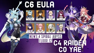 C6 Eula Debuff & Raiden Shogun x Yae Miko - NEW Spiral Abyss 3.4 Floor 12(9 Stars) | Genshin