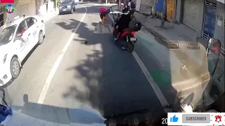 e/scooter is dangerous! Couple crashes while riding electric scooter together. car dash cam footage.