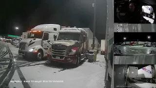 Pickup Tries To Exit In Front Of Semi, Slides On Ice