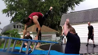 EPIC FAIL - Man Tries to jump over Ladder on trampoline and fails Horribly