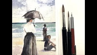 SEASCAPE PAINTING with HISTORIC STYLE FIGURES in Watercolor