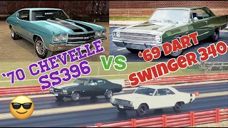 1970 Chevelle SS396 vs 1969 Dart Swinger 340 - PURE STOCK DRAG RACE + history/specs