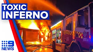 Firefighters continue to battle raging toxic factory inferno | 9 News Australia