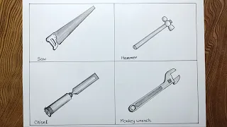 How to draw carpenter tools step by step easily/ Saw, Hammer, Chisel and  wrench drawing