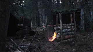 Overnight :deep in the woods,shelter build for my dog, tripod for canvas tent,cooking, kerosene lamp