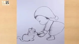 A Baby girl feeding milk to the Cat Pencildrawig scenery@TaposhiartsAcademy