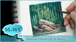 Rock & Woods Light Study in Watercolor and Gouache