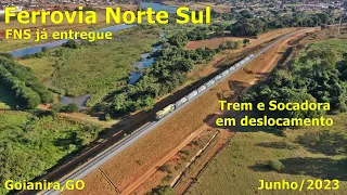 FERROVIA NORTE SUL Goianira Km 31 TREM DE LASTRO e SOCADORA MATISA em deslocamento - Junho/2023 - 4k