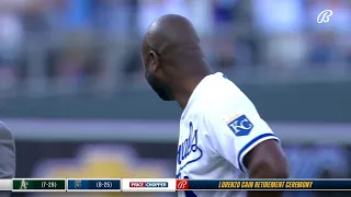 Lorenzo Cain throws out first pitch to Salvy with help from his kids