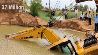 Excavator Fall in Deep Water Rescued by ACE Hydra crane and Komatsu pc 200 and TATA Hitachi Ex 200
