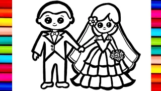 Bride and Groom Drawing, Painting & Coloring For Kids and Toddlers | How to Draw Bride and Groom