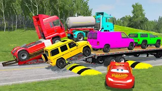 Double Flatbed Trailer Truck cars vs rails tractor vs train cars vs bollards Beamng Drive #15