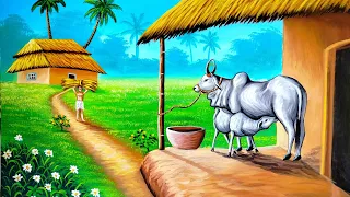 Indian village scenery painting | village and cow painting | painting 522