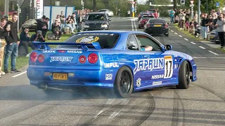 JDM Cars Leaving Go Japan 2023 - BURNOUTS, 1400HP GT-R, Pandem Skyline, Top Secret Supra, 1JZ Silvia