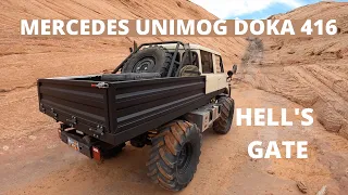 Mercedes Unimog Doka 416 going up Hells Gate in Moab UT