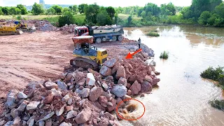 Impressive Operator Rock Stone Pushing & Dumping Bulldozer Komatsu D61PX, D65E At Land Reclamation