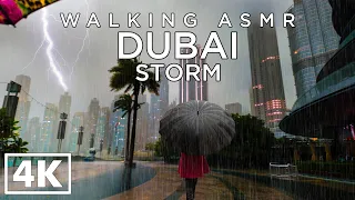 DUBAI [4k] Walking in Rain STORM in Burj Khalifa (Umbrella and Rain Sounds) - ASMR