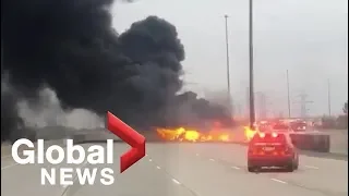 2 people killed in fiery tanker truck crash on Highway 407 just outside Toronto