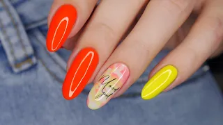 Яркий маникюр в неоновых цветах, дизайн ногтей штампом (обычный лак)