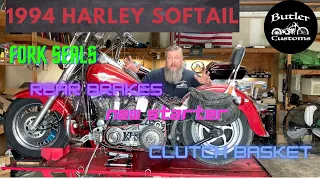 1994 Harley Softail fork seals, clutch basket, starter, and rear brake replacement Part 1