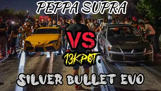 1stock peppa Supra vs silver bullet Evo $13,000 pot street race every close race supra ftw ‼️Mexico