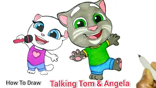 How To Draw + Colour  Talking Tom  & Angela Easy | Cartooning cute drawings