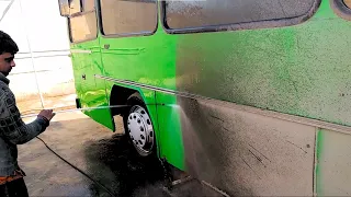 Complete wash of a very dirty bus with bus engine wash