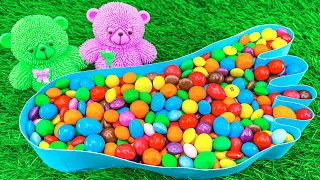 Oddly Satisfying Video | Full of Candy Skittles in Blue Foot with Glossy Grid Ball Colored Bear ASMR